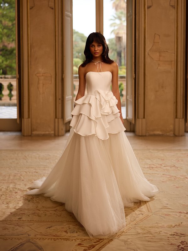 ValStefani ASTRAEA Strapless breeze crepe soft sweetheart mini dress with sparkle tulle full length A-line skirt