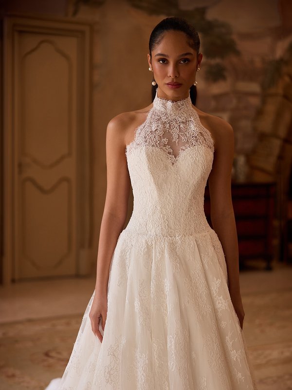 Illusion halter neck with classic lined sweetheart Alencon lace drop waist ball gown ValStefani HESTIA
