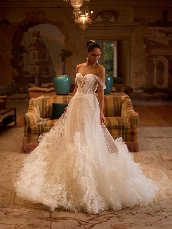 ValStefani VENUS Unlined strapless sweetheart beaded tulle mermaid with ruffled detachable tulle A-line overskirt