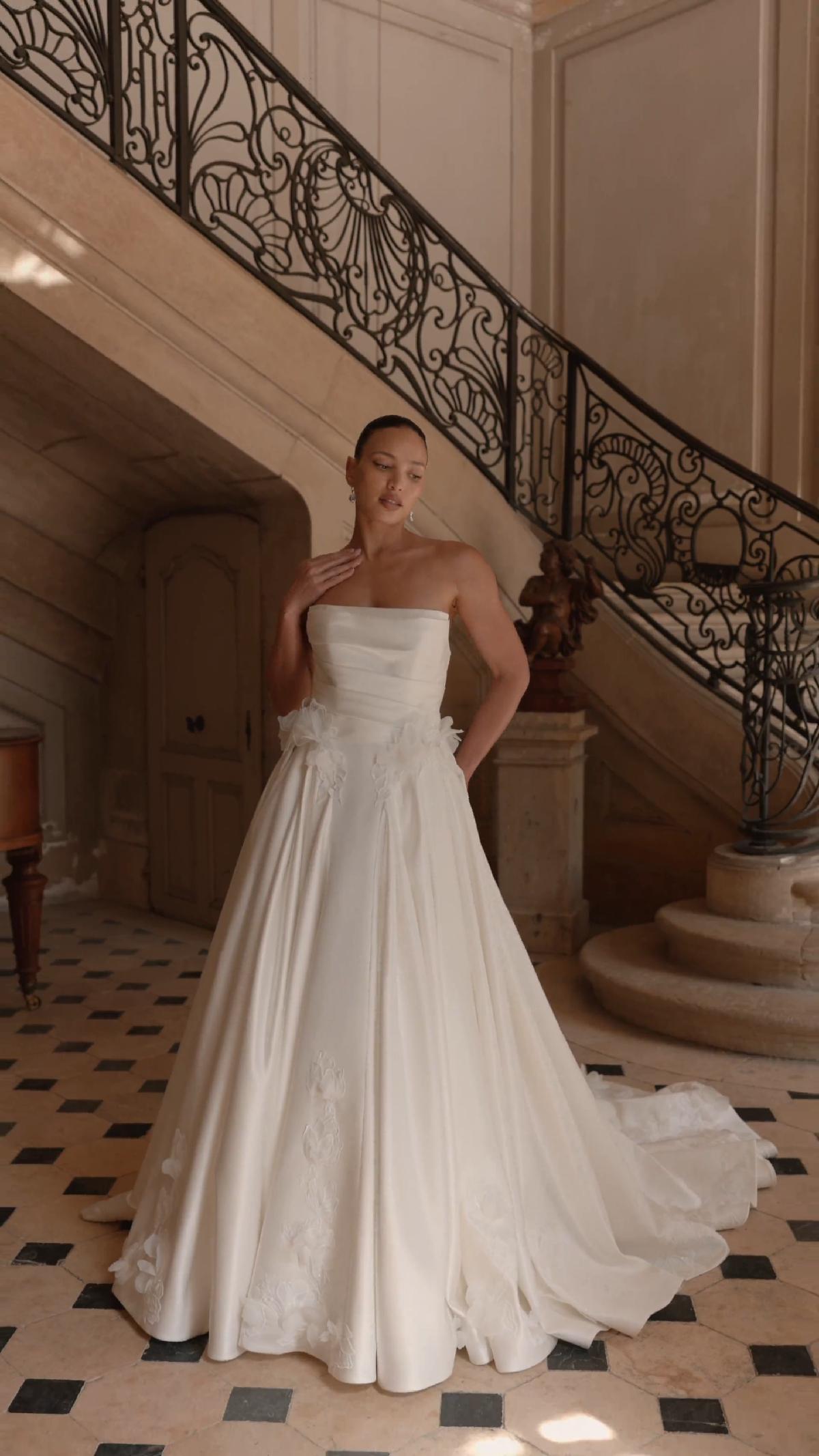 ValStefani SOLENE Video of satin and lace appliques with 3D flowers ball gown with box pleats