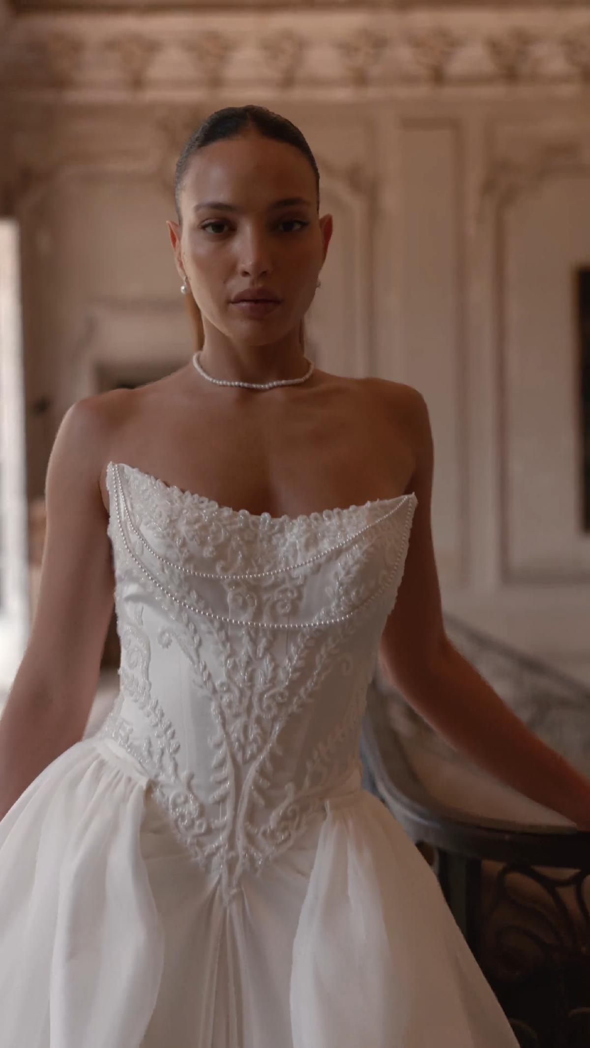 ValStefani BELLADONNA Video of sparkly beaded bodice and satin mermaid with detachable train