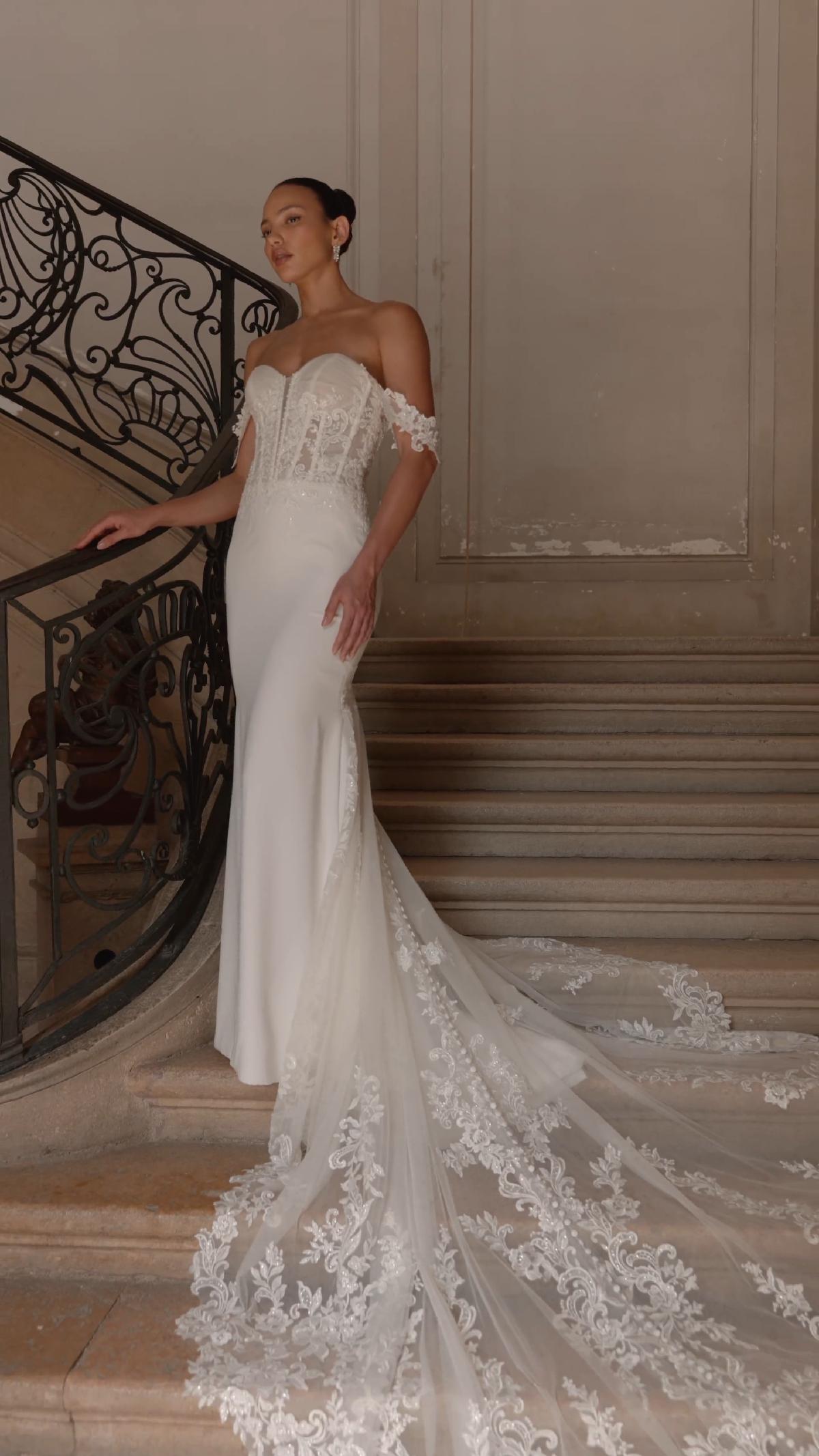 ValStefani DAWN Video of sweetheart lace appliques and crepe mermaid with detachable swag sleeves