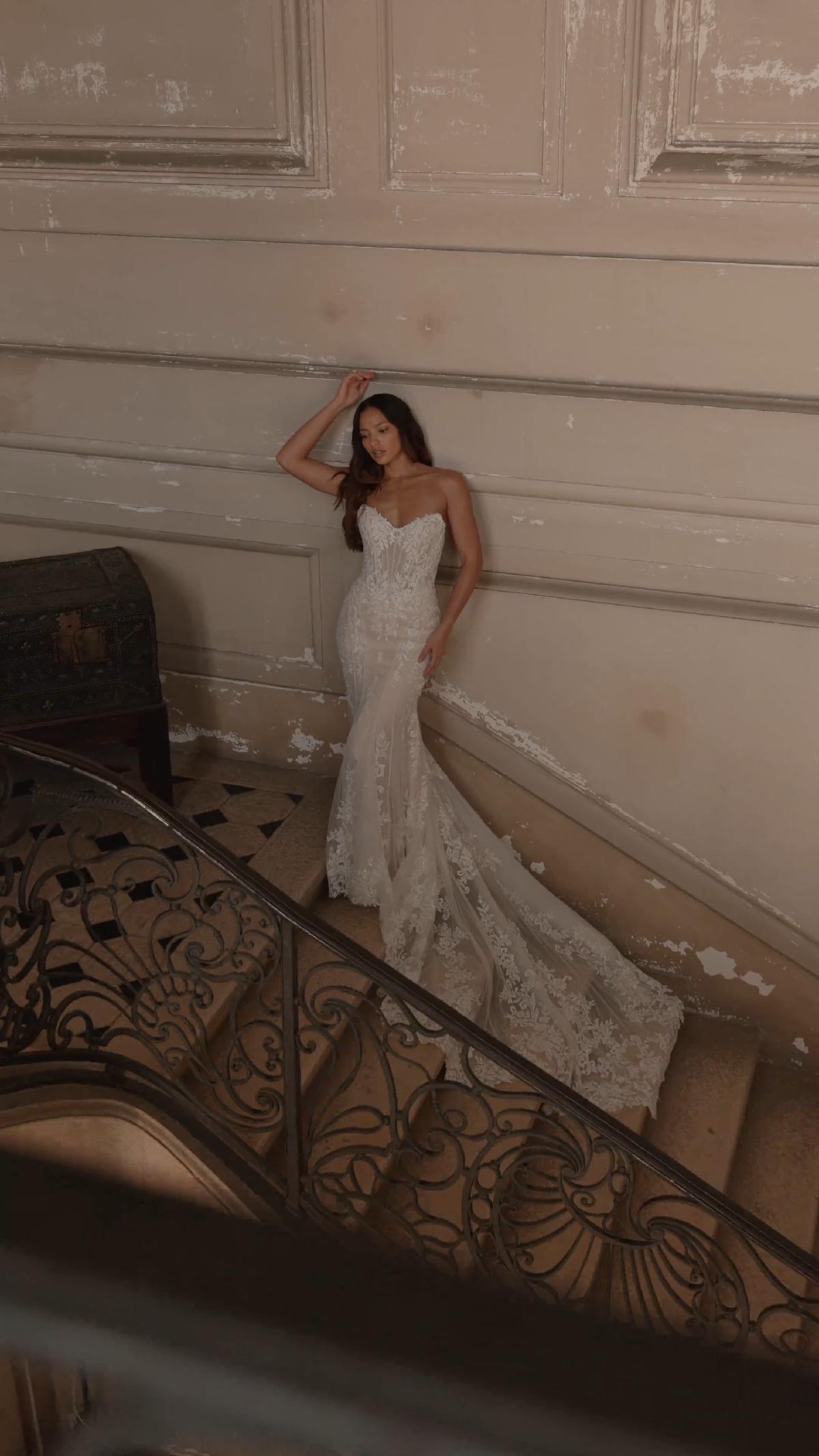 ValStefani DYNASTY Video of Strapless lace appliques and sparkle tulle basque waist mermaid