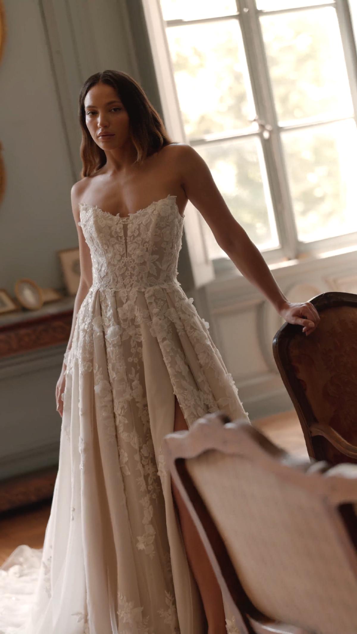 ValStefani MAJESTY Video of unlined strapless tulle and lace appliques A-line with wrap skirt