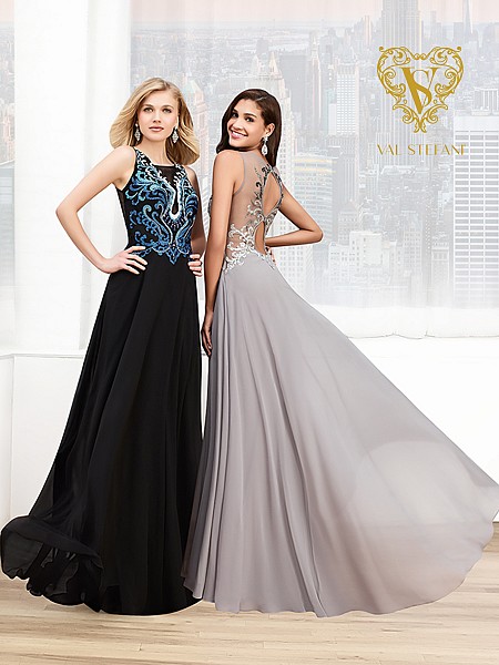 Val Stefani Prom 3014RE vibrant embroidered evening gown with dual keyhole back Val Stefani Prom 3014RE vibrant embroidered evening gown with dual keyhole back
