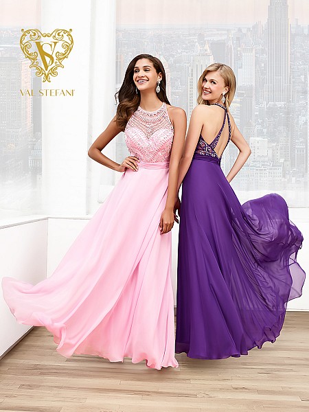 Val Stefani Prom 3015RE silky chiffon prom dress with revealing jeweled back Val Stefani Prom 3015RE silky chiffon prom dress with revealing jeweled back