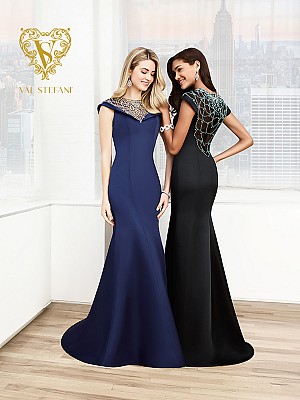 Val Stefani Prom 3016RE modest chic satin mermaid gown with cap sleeves Val Stefani Prom 3016RE modest chic satin mermaid gown with cap sleeves