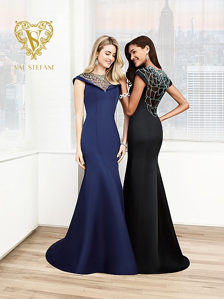 Val Stefani Prom 3016RE modest chic satin mermaid gown with cap sleeves Val Stefani Prom 3016RE modest chic satin mermaid gown with cap sleeves
