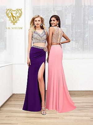 Val Stefani Prom 3017RE dazzling v-neck two piece prom gown with front slit Val Stefani Prom 3017RE dazzling v-neck two piece prom gown with front slit