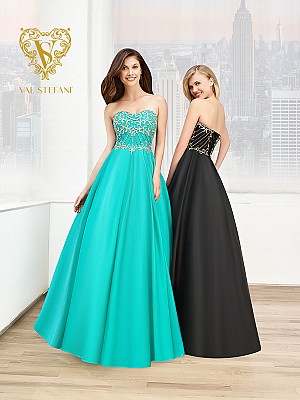 Val Stefani Prom 3023RE strapless sweetheart ball gown with gold embroidery Val Stefani Prom 3023RE strapless sweetheart ball gown with gold embroidery