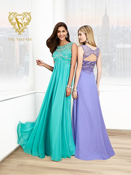Val Stefani Prom 3024RG embroidered empire waist a-line prom dress with keyhole back Val Stefani Prom 3024RG embroidered empire waist a-line prom dress with keyhole back
