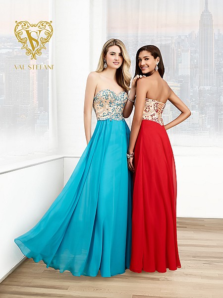 Val Stefani Prom 3026RE strapless two-tone chiffon prom dress with lace-up back Val Stefani Prom 3026RE strapless two-tone chiffon prom dress with lace-up back