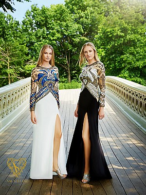 Val Stefani Prom 3031RE designer evening gown with beaded illusion long sleeves Val Stefani Prom 3031RE designer evening gown with beaded illusion long sleeves