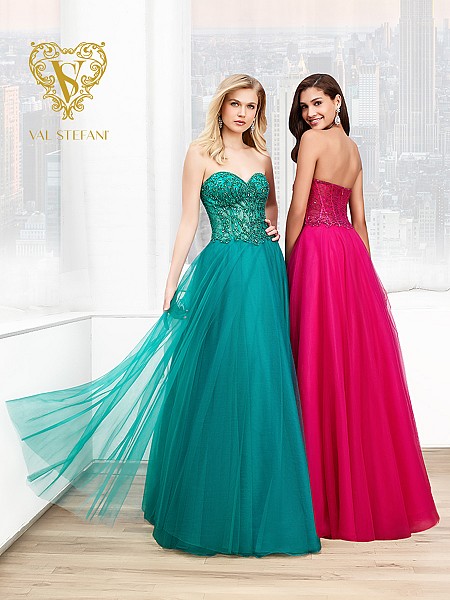 Val Stefani Prom 3032RK beaded corset prom ball gown with full net skirt Val Stefani Prom 3032RK beaded corset prom ball gown with full net skirt