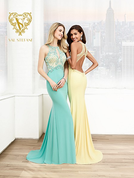 Val Stefani Prom 3033RE chic jewel neck formal gown with keyhole cutouts Val Stefani Prom 3033RE chic jewel neck formal gown with keyhole cutouts