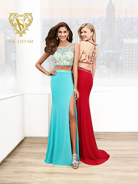 Val Stefani Prom 3034RE vivid two-tone two-piece paegent dress with front slit Val Stefani Prom 3034RE vivid two-tone two-piece paegent dress with front slit