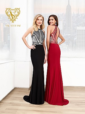 Val Stefani Prom 3035RE geometric jewel neckline evening dress with keyhole back Val Stefani Prom 3035RE geometric jewel neckline evening dress with keyhole back