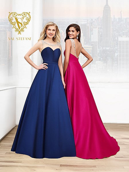 Val Stefani Prom 3042RN fairytale a-line gala gown with bedazzled illusion neckline Val Stefani Prom 3042RN fairytale a-line gala gown with bedazzled illusion neckline