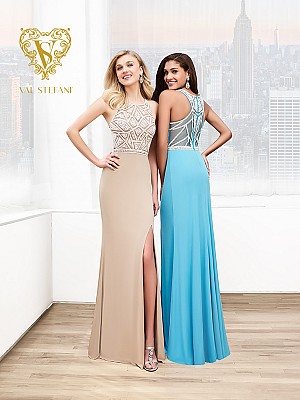 Val Stefani Prom 3043RB classy front slit jersey prom dress with geometric beading Val Stefani Prom 3043RB classy front slit jersey prom dress with geometric beading