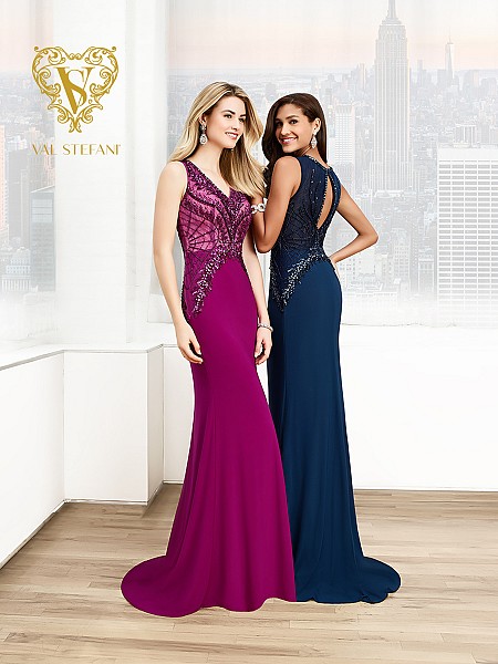Val Stefani Prom 3045RK elegantly beaded inverted basque waist v-neck evening dress Val Stefani Prom 3045RK elegantly beaded inverted basque waist v-neck evening dress