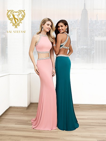 Val Stefani Prom 3048RB slimming two-piece jersey prom gown with keyhole back Val Stefani Prom 3048RB slimming two-piece jersey prom gown with keyhole back