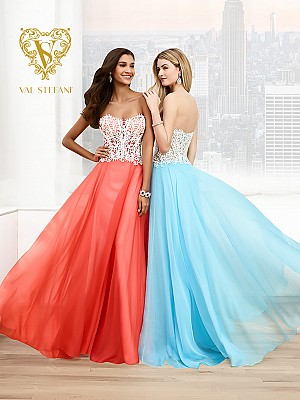 Val Stefani Prom 3049RX crystal white corset bodice a-line prom dress with flowy skirt Val Stefani Prom 3049RX crystal white corset bodice a-line prom dress with flowy skirt