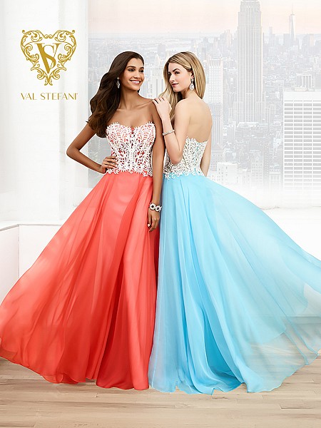 Val Stefani Prom 3049RX crystal white corset bodice a-line prom dress with flowy skirt Val Stefani Prom 3049RX crystal white corset bodice a-line prom dress with flowy skirt