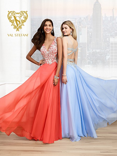 Val Stefani Prom 3055RX silver embroidered v-neck prom dress with strappy cut out back Val Stefani Prom 3055RX silver embroidered v-neck prom dress with strappy cut out back