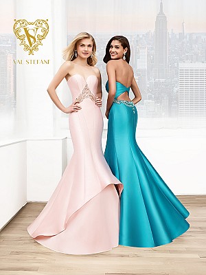 Val Stefani Prom 3056RX lustrous high-low layered prom dress with low keyhole back Val Stefani Prom 3056RX lustrous high-low layered prom dress with low keyhole back