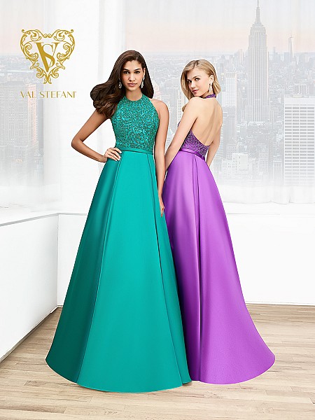Val Stefani Prom 3058RB jewel neck a-line gala gown with mikado couture waistband Val Stefani Prom 3058RB jewel neck a-line gala gown with mikado couture waistband
