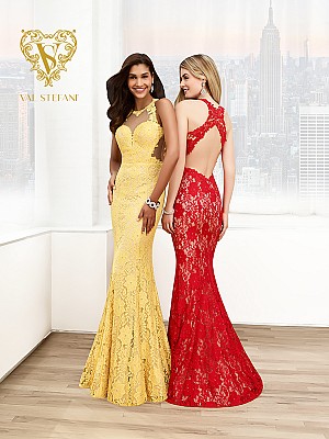 Val Stefani Prom 3061RX lightweight lace mermaid prom dress with revealing open back Val Stefani Prom 3061RX lightweight lace mermaid prom dress with revealing open back