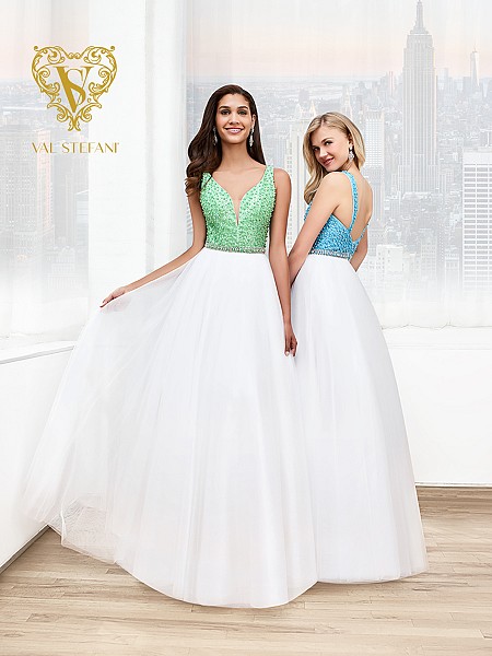 Val Stefani Prom 3064RN beautifully beaded two-tone gala gown with full net skirt Val Stefani Prom 3064RN beautifully beaded two-tone gala gown with full net skirt