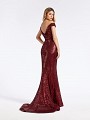 Floor length wine formal dress with kick train and off-the-shoulder neckline 