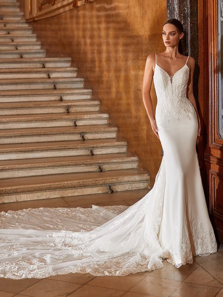 Crepe Off-The-Shoulder Wedding Dress with Lace Appliqués