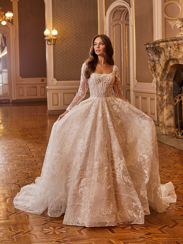 Magical Sparkly Long Sleeve Ball Gown with Square Neck Wedding