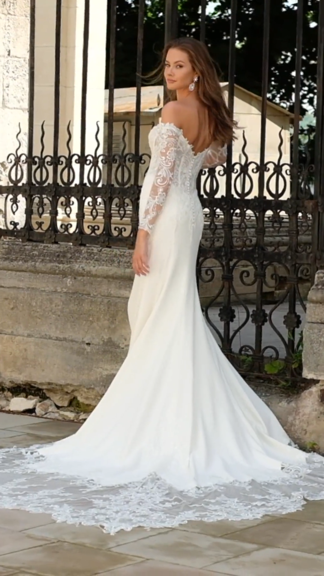 Crepe Off-The-Shoulder Wedding Dress with Lace Appliqués
