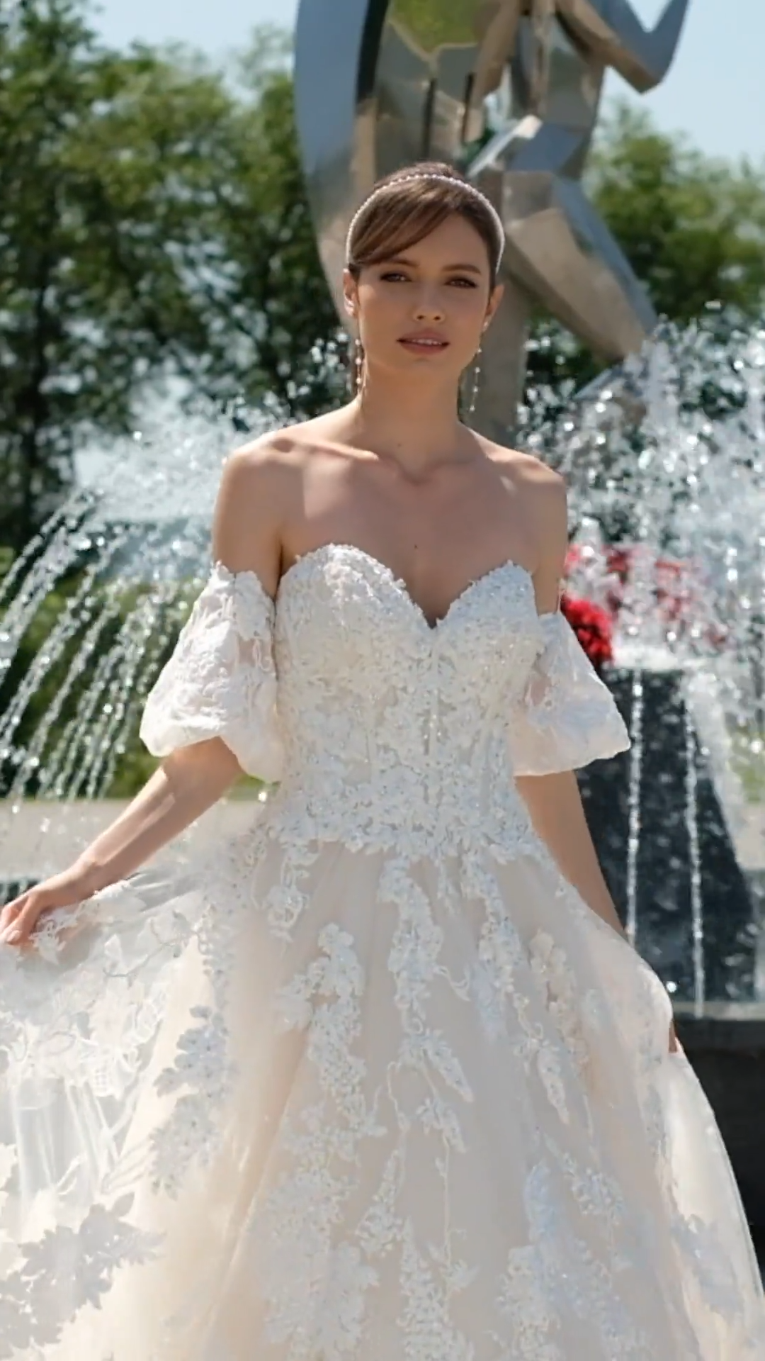 Sparkle Tulle Strapless Ball Gown with Detachable Puff Sleeves