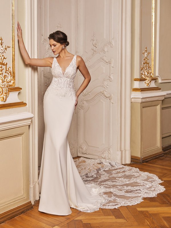 V-Neck Mermaid Crepe Wedding Gown with Lace Cathedral Train