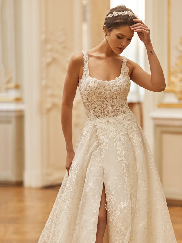 Lace A-Line Wedding Dress with Front Slit & Square Neckline