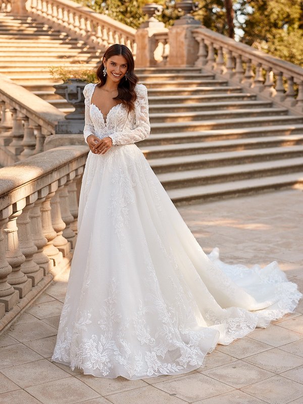 Beaded Lace Ball Gown with Juliette Long Sleeves Val Stefani Belinda D8309