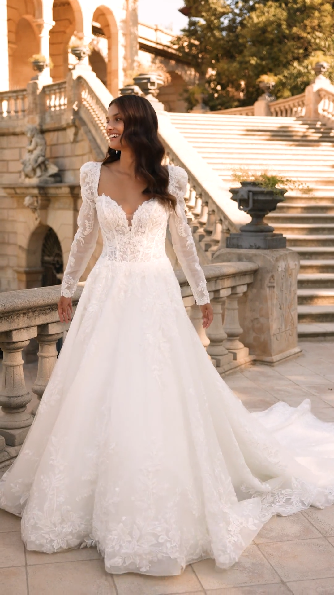 Beaded Lace Ball Gown with Juliette Long Sleeves Val Stefani Belinda D8309