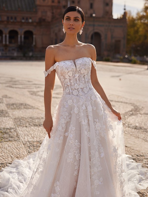 Simple A-Line Wedding Dress with Floral Lace Bodice