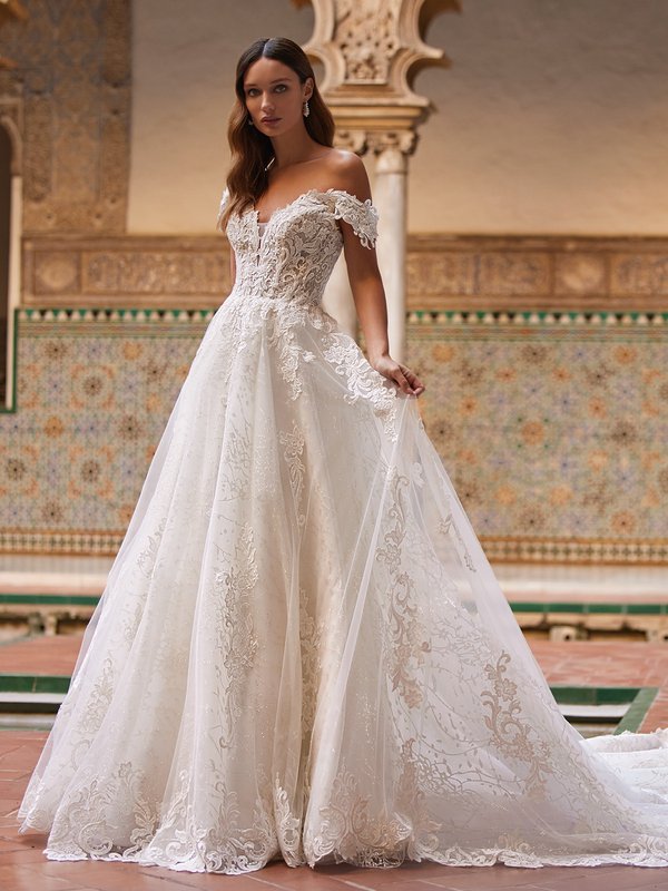 Beaded Off The Shoulder Lace Ball Gown Wedding Dress.
