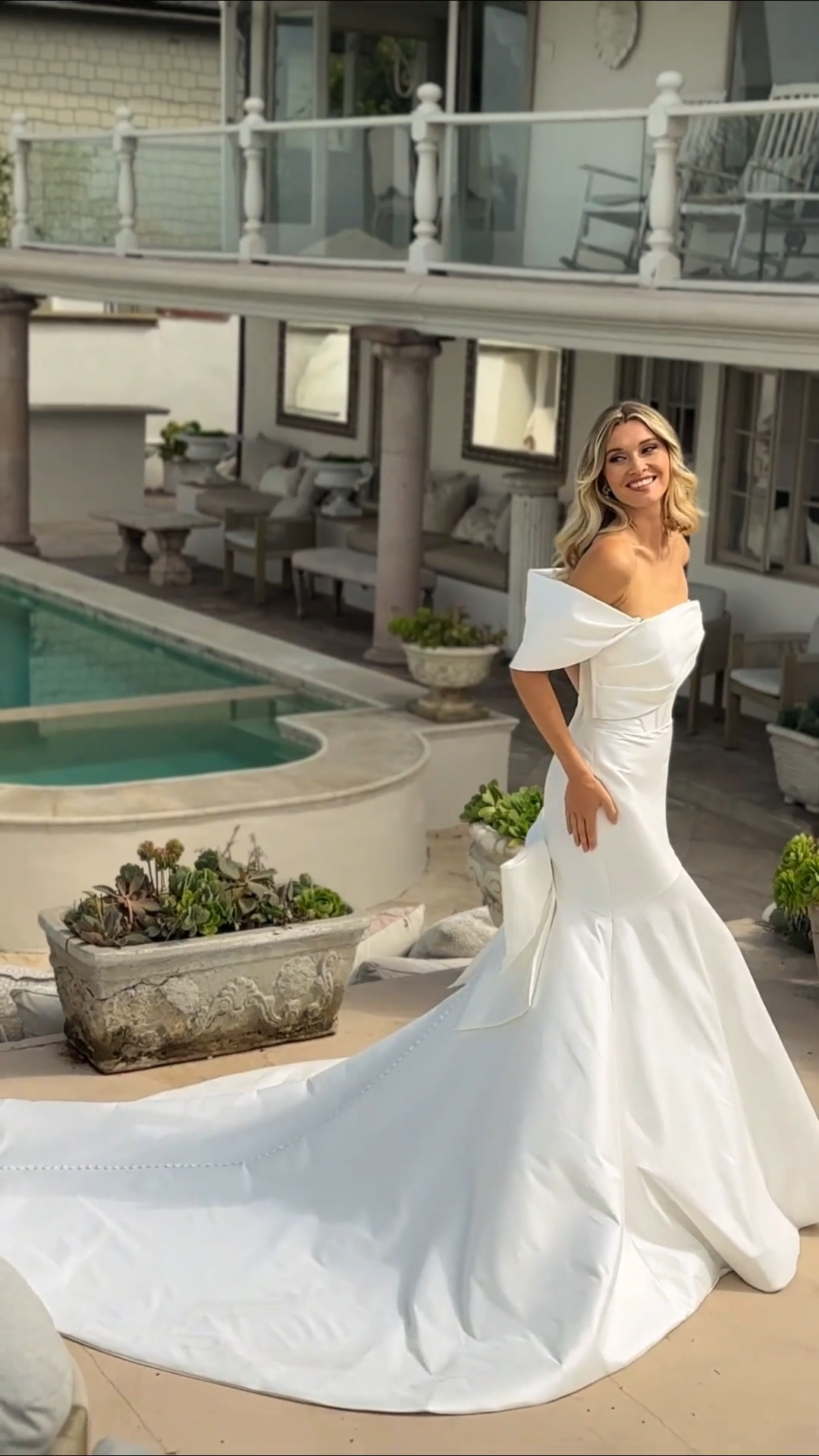 Video of ValStefani AMETHYST Off-Shoulder Wrap Scoop Neck Stretch Mikado Mermaid Wedding Dress