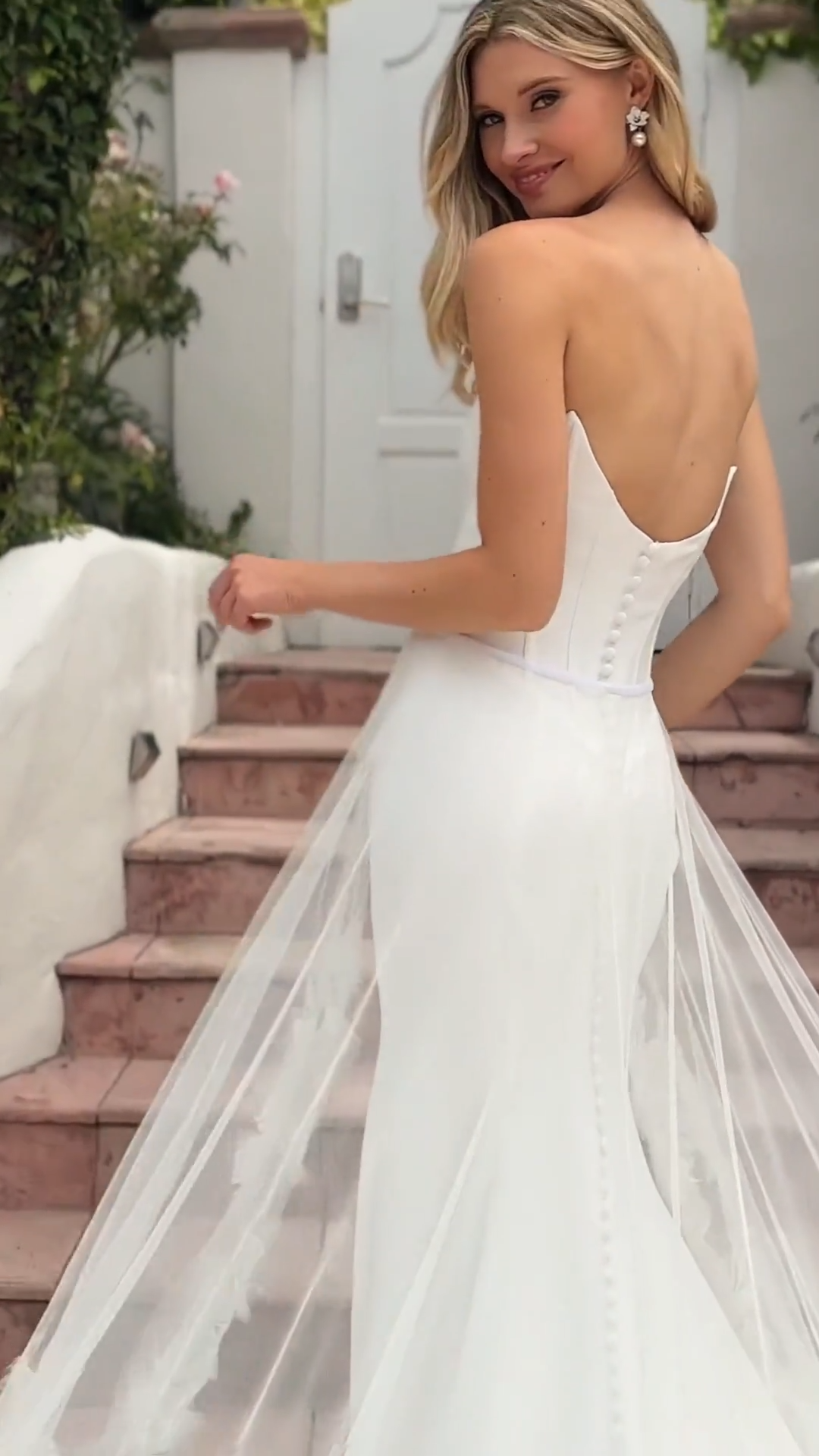 Video of ValStefani ALEXANDRITE Breeze Crepe Mermaid Gown with Detachable Net and Lace Appliques Train