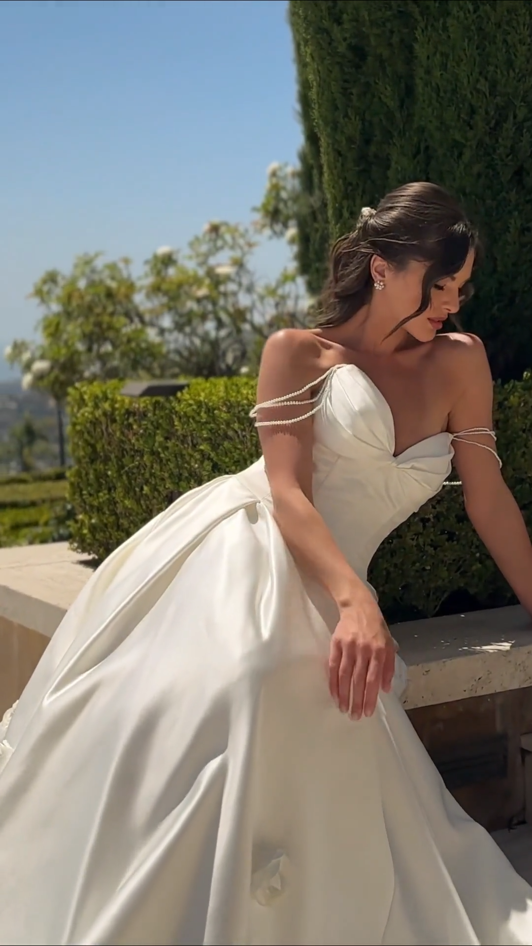 ValStefani AQUAMARINE Strapless Satin Ball Gown with Box Pleats, Pearl Beaded Swag Sleeves and 3D Flowers on Skirt