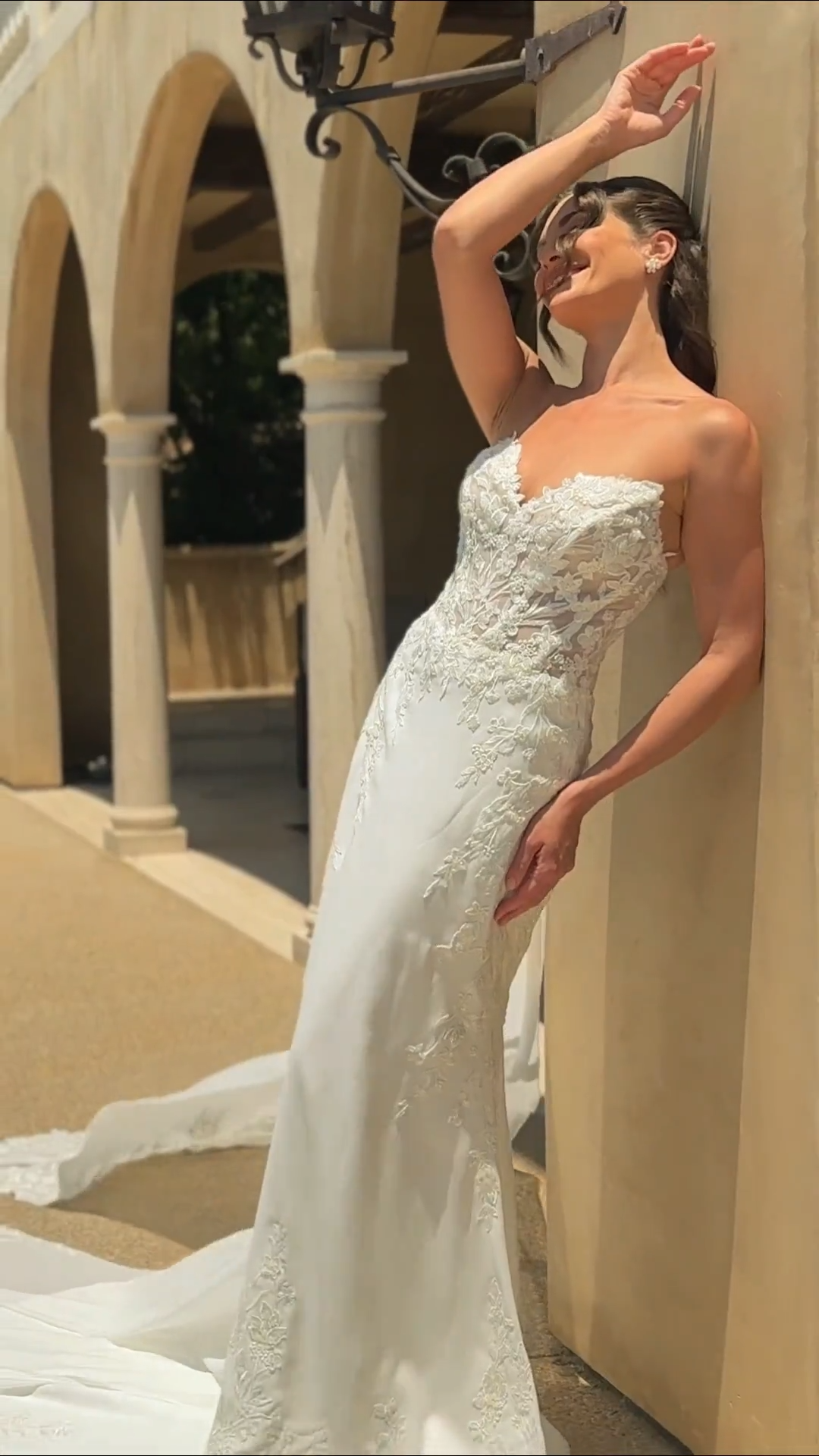 Video of ValStefani GARNET Breeze Crepe with Lace Appliques Mermaid with Chiffon Detachable Train