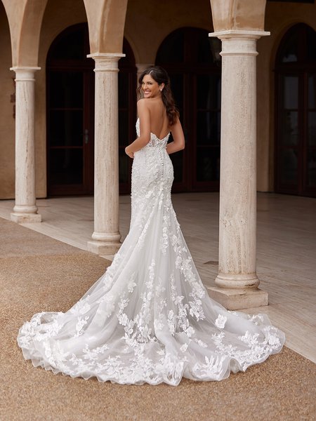 ValStefani MOONSTONE Unlined Open V-Back Beaded Lace Appliques over Tulle Mermaid with Chapel Train