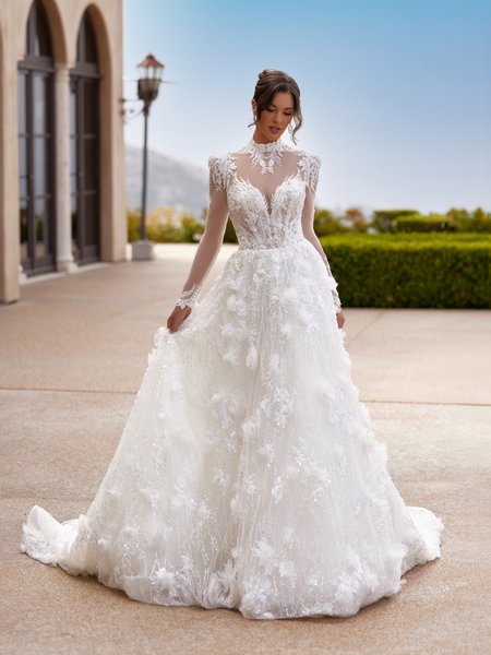 Unlined High Neck Illusion with Sweetheart 3D Flowers and Lace Appliques over Beaded Tulle Ball Gown ValStefani PERIDOT