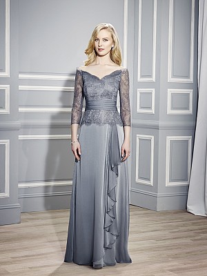 Val Stefani MB7450 mother of the bride A-line chiffon off-the-shoulder three-quarter sleeve evening gown with pleated sash and cascading ruffle along the front skirt for weddings Val Stefani MB7450 mother of the bride A-line chiffon off-the-shoulder three-quarter sleeve evening gown with pleated sash and cascading ruffle along the front skirt for weddings